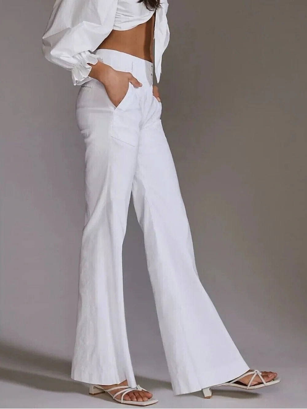 Anthropologie Maeve 10 The Naomi Linen High Rise Wide-Leg Flare Pants White - Picture 2 of 9